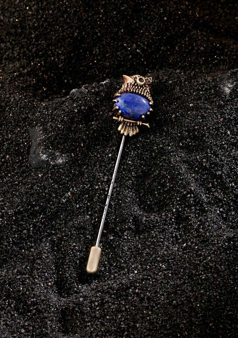 Men Metallic Blue Owlet Lapel Pin - Indya