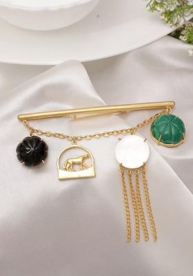 Men Gold Toned Green Stone Studded Brooch