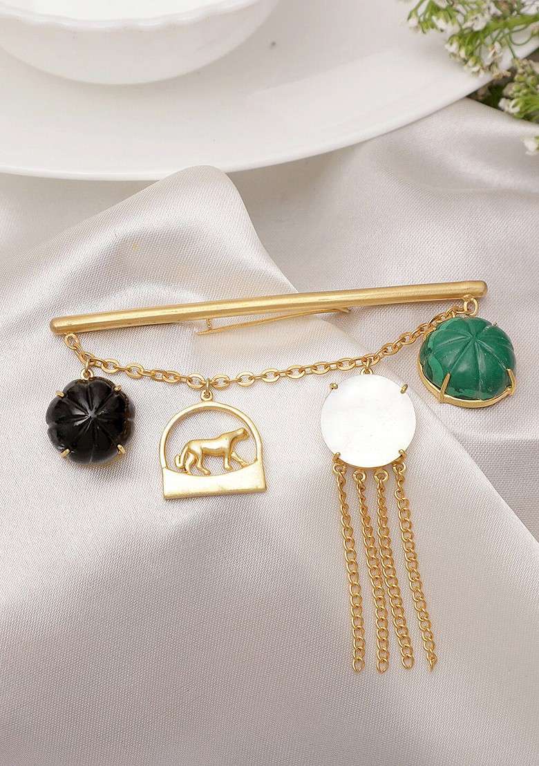 Men Gold Toned Green Stone Studded Brooch - Indya