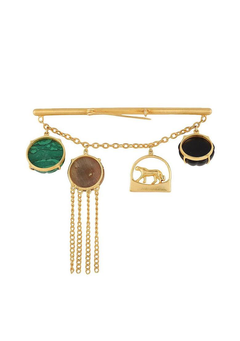 Men Gold Toned Green Stone Studded Brooch