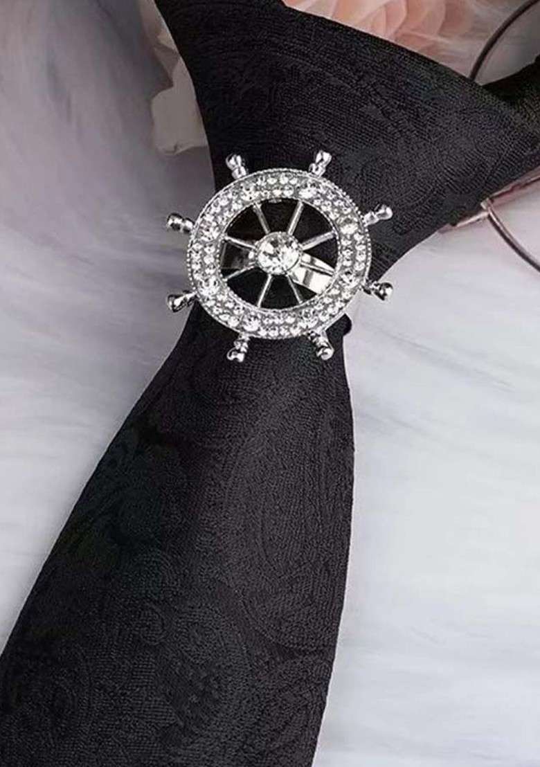 Men Silver Zircon Studded Tie Clip Statement Brooch - Indya