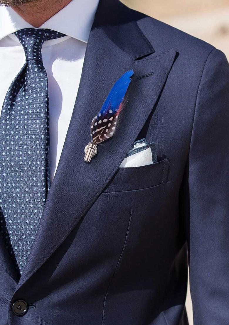 Men Silver Toned Blue Feather Lapel Pin