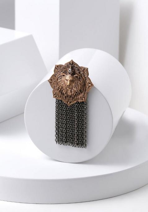 Men Copper Toned White Stone Studded Emperor Lion Statement Brooch