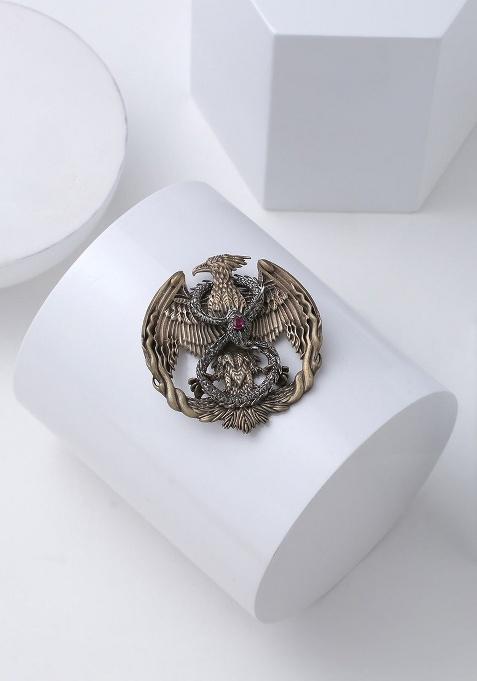 Men Metallic Gold Toned With Pink Stone Studded Mythical Phoenix Brooch