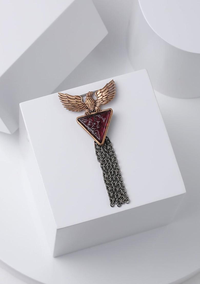 Men Antique Gold Plated Red Stone Studded Fire Phoenix Brooch