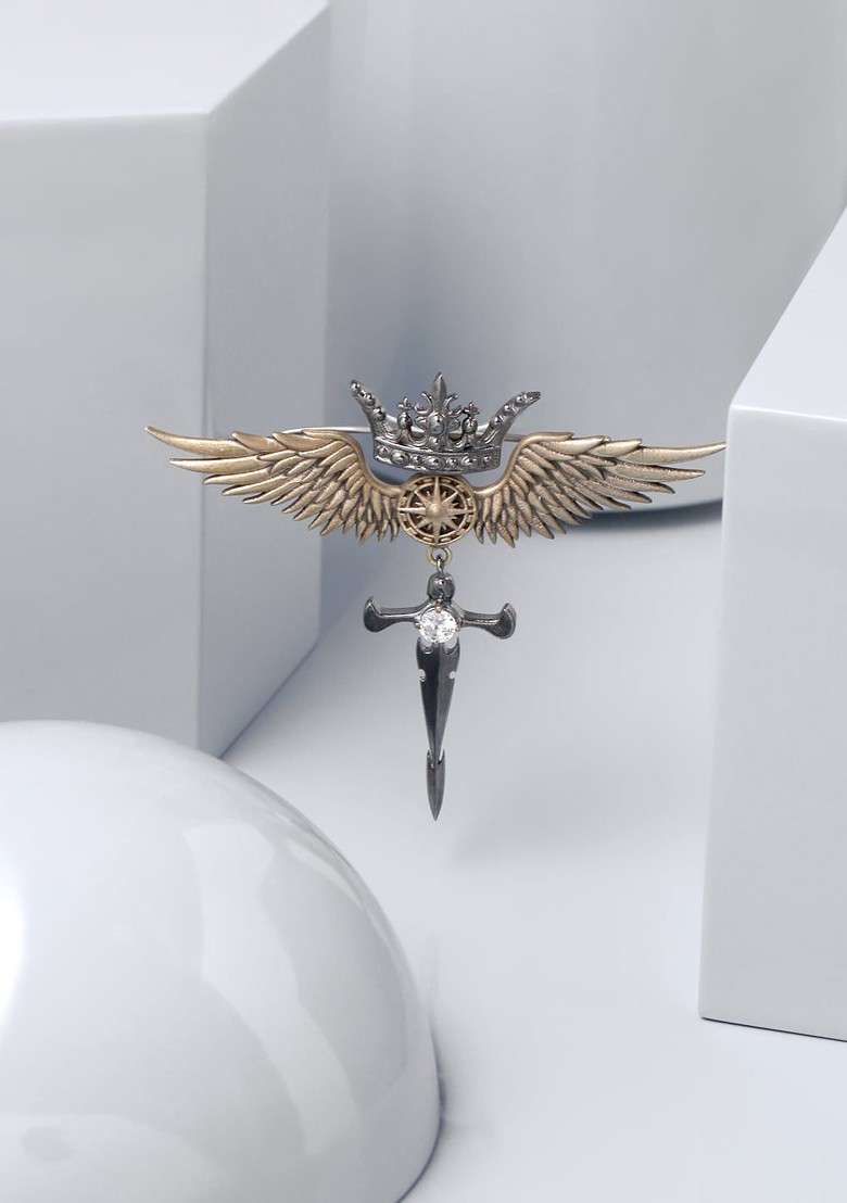Men Gold Toned Metallic Stone Studded Crowned Phoenix Brooch - Indya