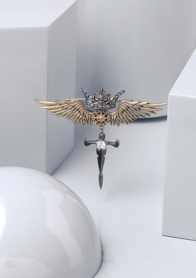 Men Gold Toned Metallic Stone Studded Crowned Phoenix Brooch