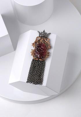 Men Antique Gold Plated With Red Stone Studded Crown Brooch