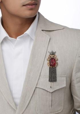 Men Antique Gold Plated With Red Stone Studded Crown Brooch
