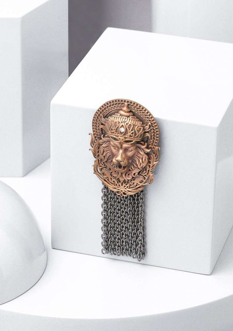 Men Gold Toned Metallic Stone Studded Lion King Brooch - Indya