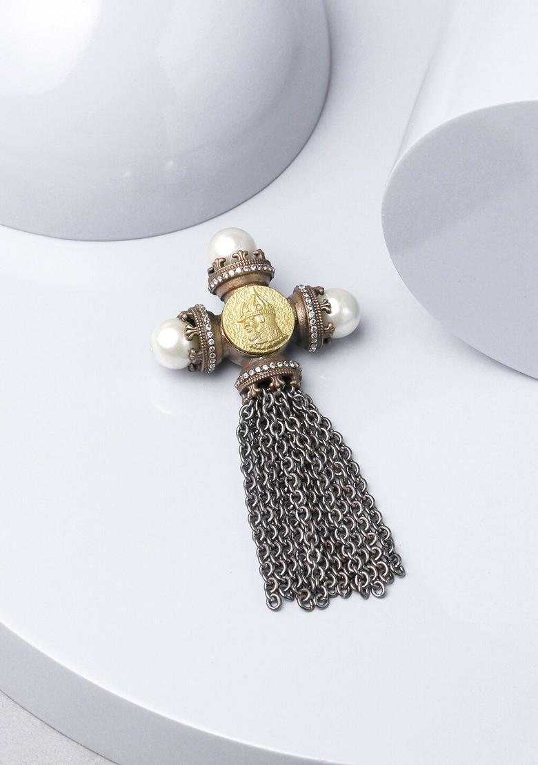 Men Copper Toned Silver Toned Beaded Russian Prince Statement Brooch