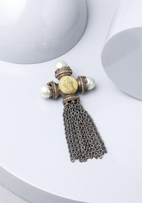 Men Copper Toned Silver Toned Beaded Russian Prince Statement Brooch