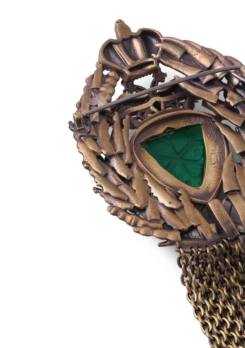 Men Metallic Green Artificial Stone Studded Beaded Musahi Brooch