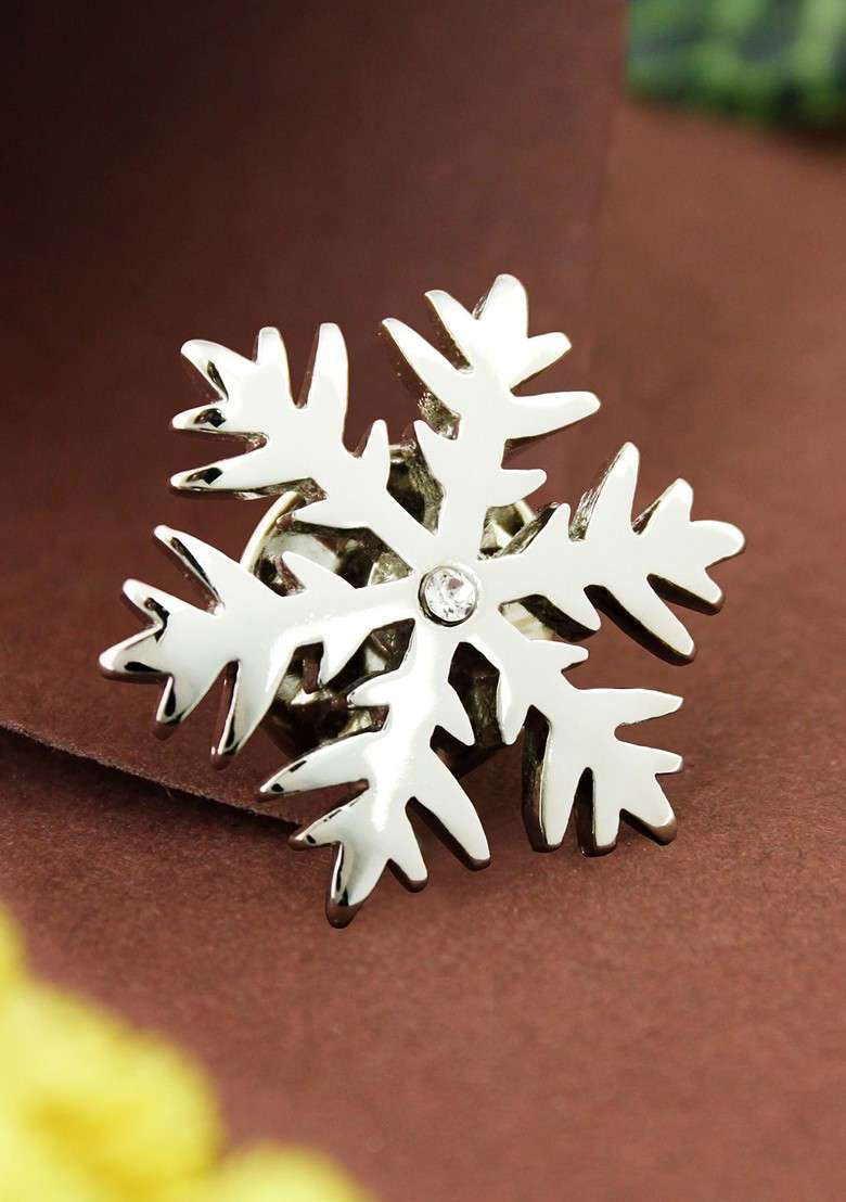 Silver Toned White Crystal Studded Brooch Lapel Pin - Indya