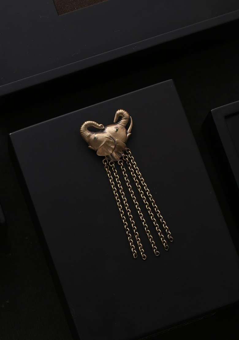 Men Gold Toned The Dual Headed Elephant Statement Brooch - Indya