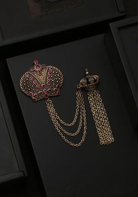 Men Gold Toned Pink Stone Studded Magestic Crown Shaped Brooch