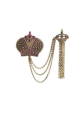 Men Gold Toned Pink Stone Studded Magestic Crown Shaped Brooch