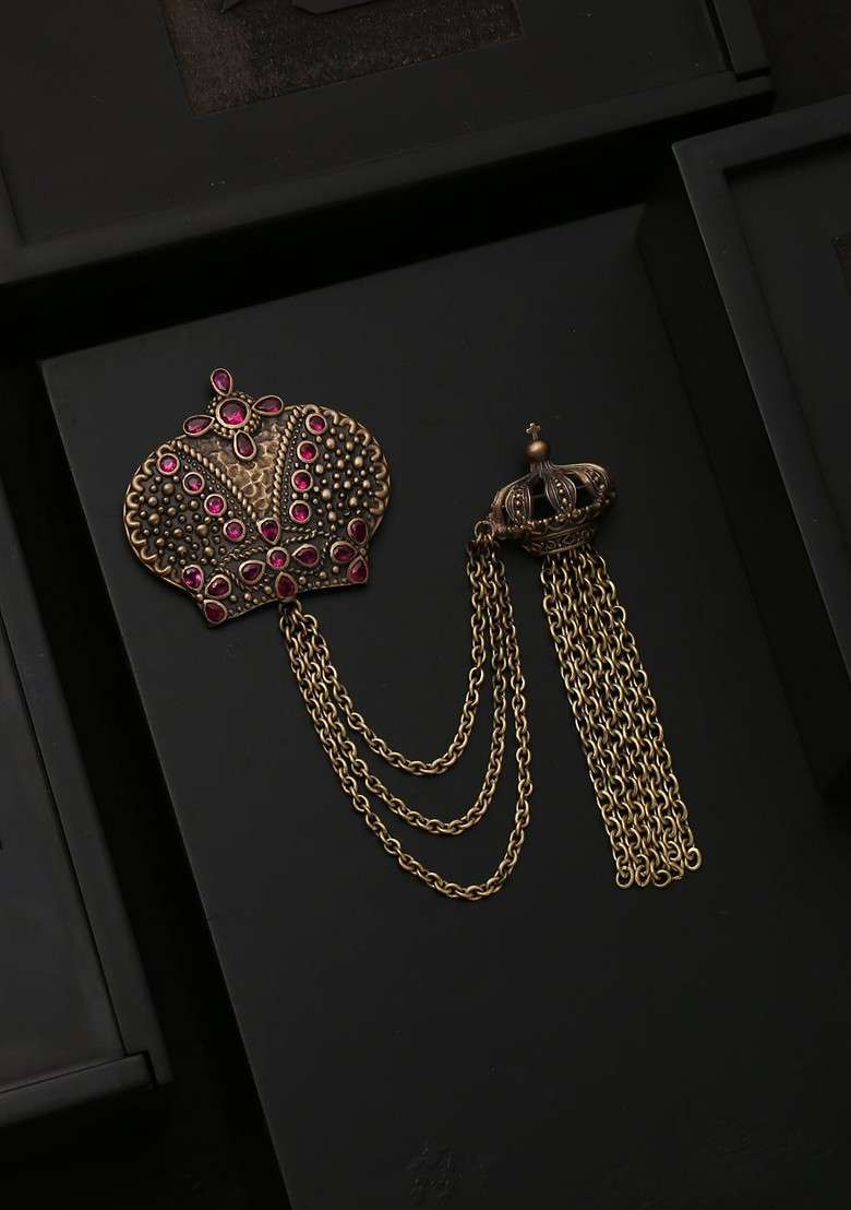 Men Gold Toned Pink Stone Studded Magestic Crown Shaped Brooch - Indya