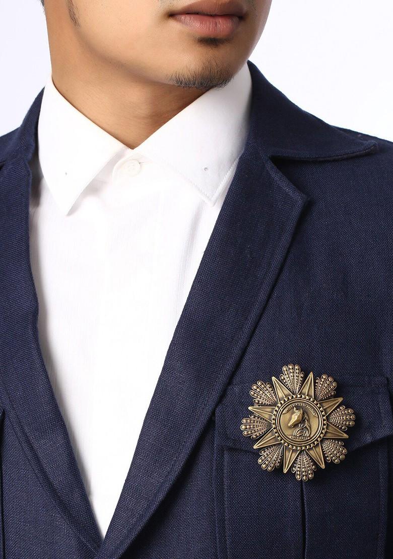 Men Gold Toned Rising Horse Coin Statement Brooch