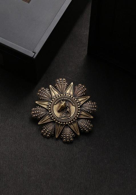 Men Gold Toned Rising Horse Coin Statement Brooch