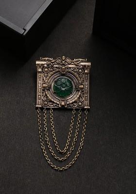 Men Gold Toned Green Clock House Statement Brooch