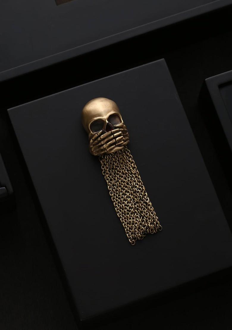 Men Antique Gold Toned The Iwazaru Inspired Skull Brooch
