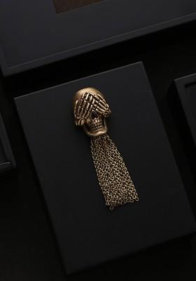Men Antique Gold Toned Mizaru Inspired Skull Brooch
