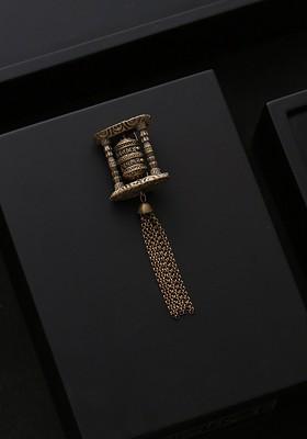 Men Antique Gold Toned The Buddhist Prayer Wheel Statement Brooch