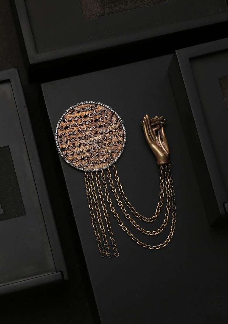 Men Gold Toned Stone Studded The Buddha Script Statement Brooch - Indya