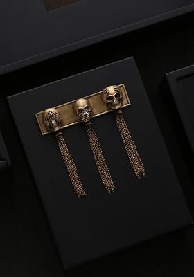 Men Antique Gold Toned The Three Skulls Chained Statement Brooch