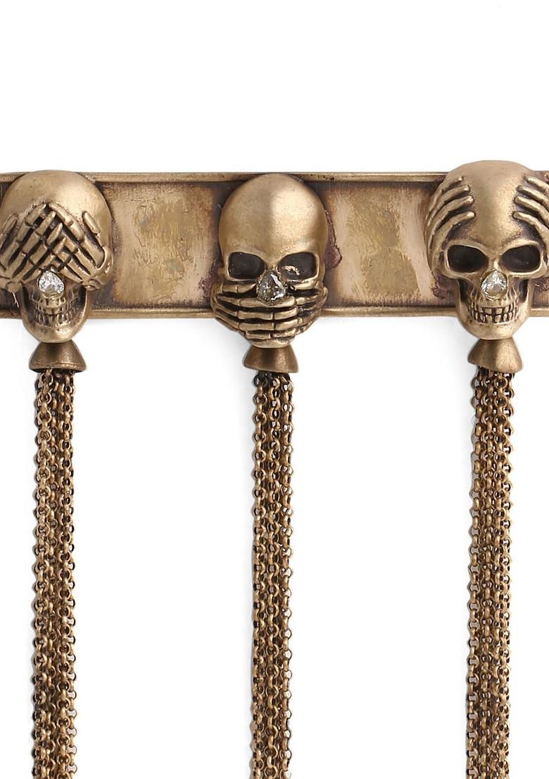 Men Antique Gold Toned The Three Skulls Chained Statement Brooch