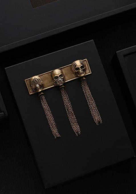 Men Antique Gold Toned The Three Skulls Chained Statement Brooch