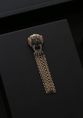 Men Gold Toned White Stone Studded The Lion Chain Brooch