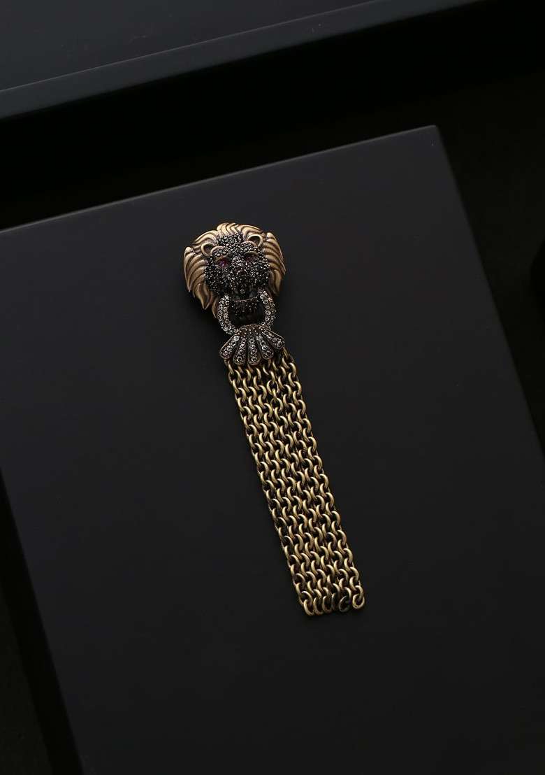 Men Gold Toned White Stone Studded The Lion Chain Brooch - Indya
