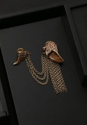 Men Antique Gold Toned Lion Head Tiger Eye Brooch