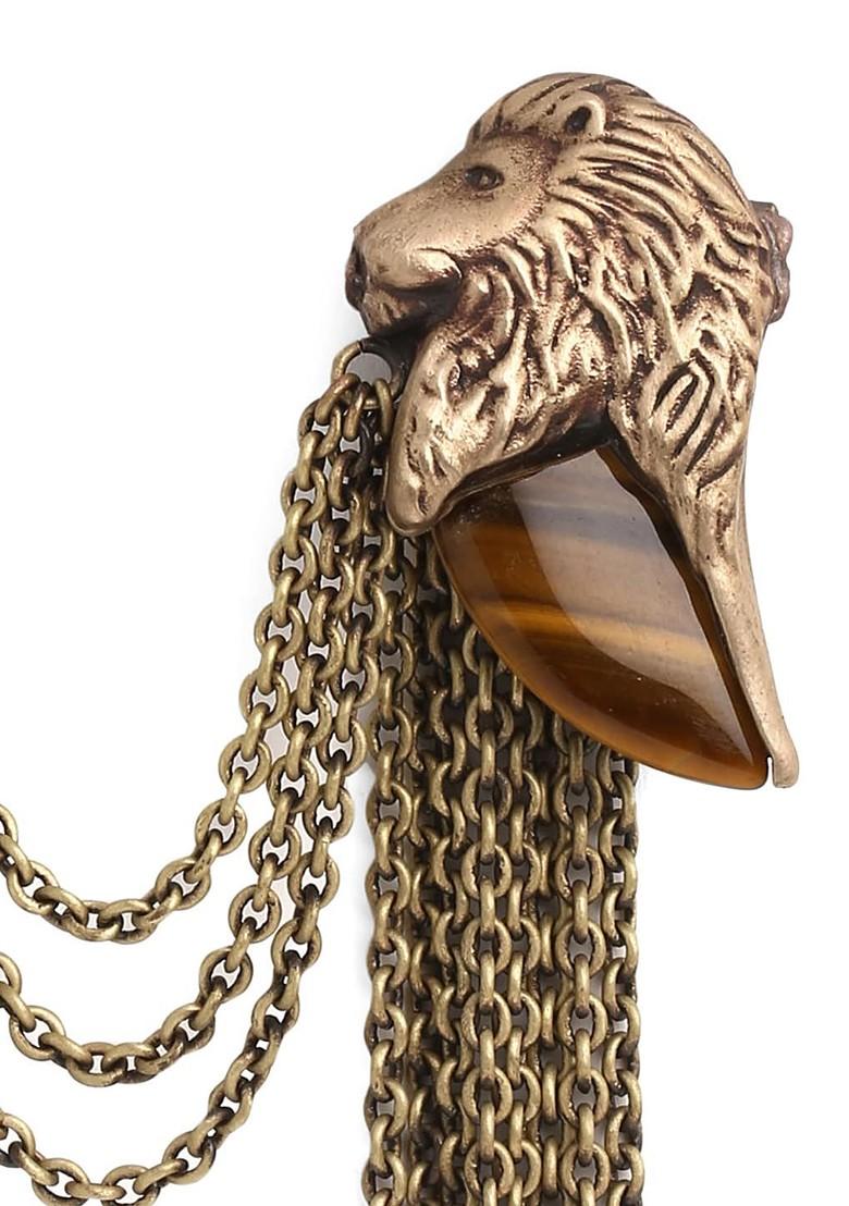 Men Antique Gold Toned Lion Head Tiger Eye Brooch