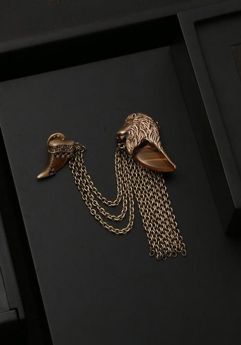 Men Antique Gold Toned Lion Head Tiger Eye Brooch