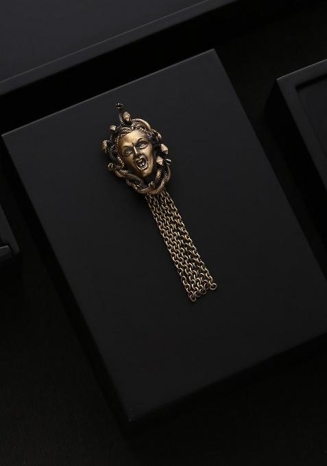 Men Antique Gold Toned Medus Brooch