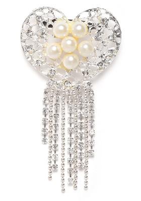 Women Silver Toned Off White Heart Shaped Tasselled Brooch
