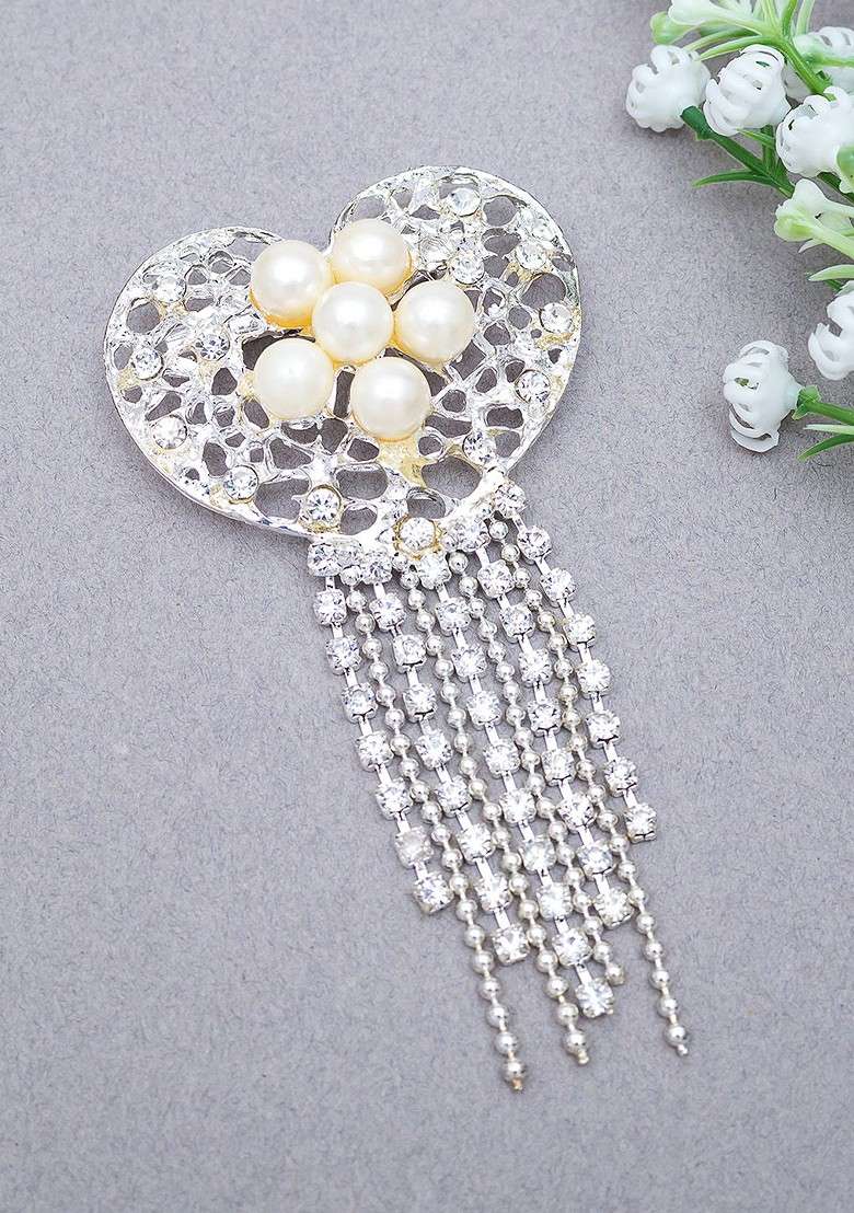 Women Silver Toned Off White Heart Shaped Tasselled Brooch - Indya