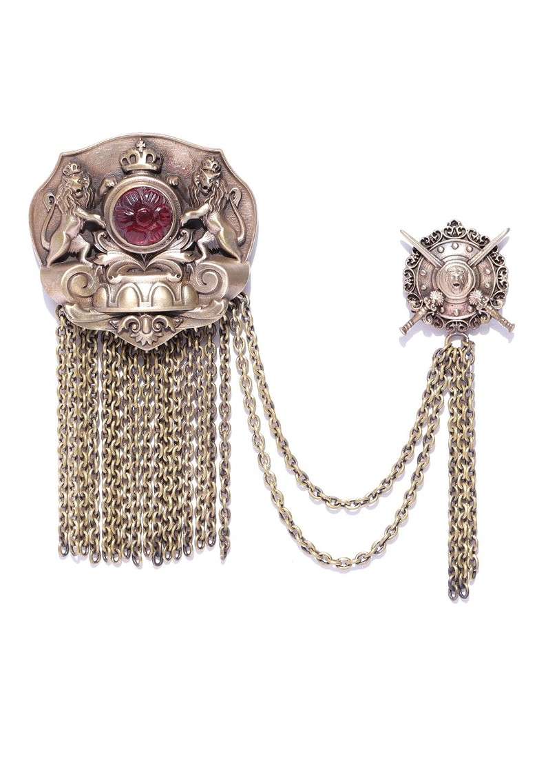 Men Antique Gold Toned Red Stone Studded The Royal Club Statement Brooch - Indya