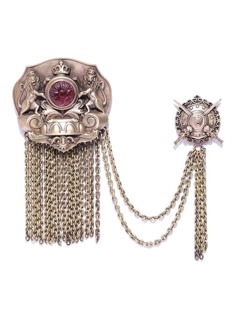 Men Antique Gold Toned Red Stone Studded The Royal Club Statement Brooch