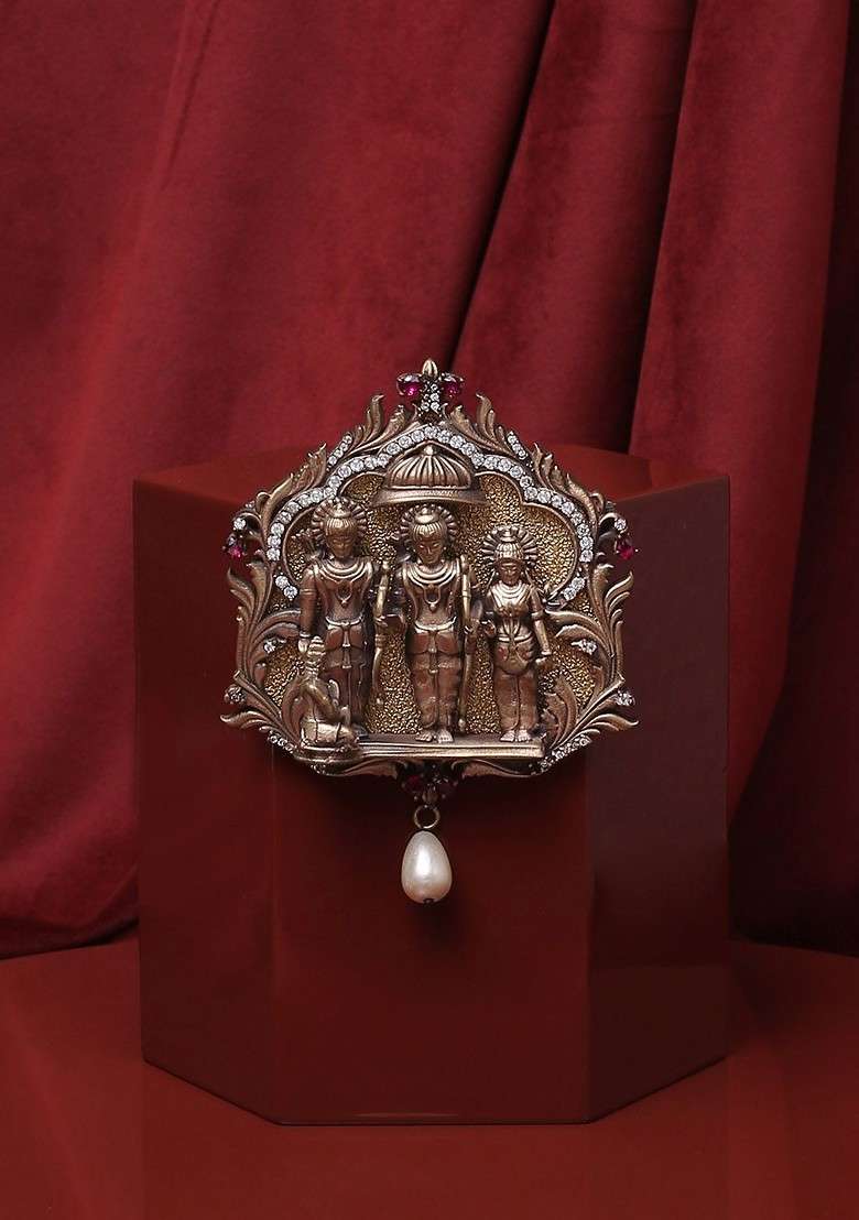 Men Antique Gold Toned White Stone Studded The Ram Darbar Statement Brooch - Indya