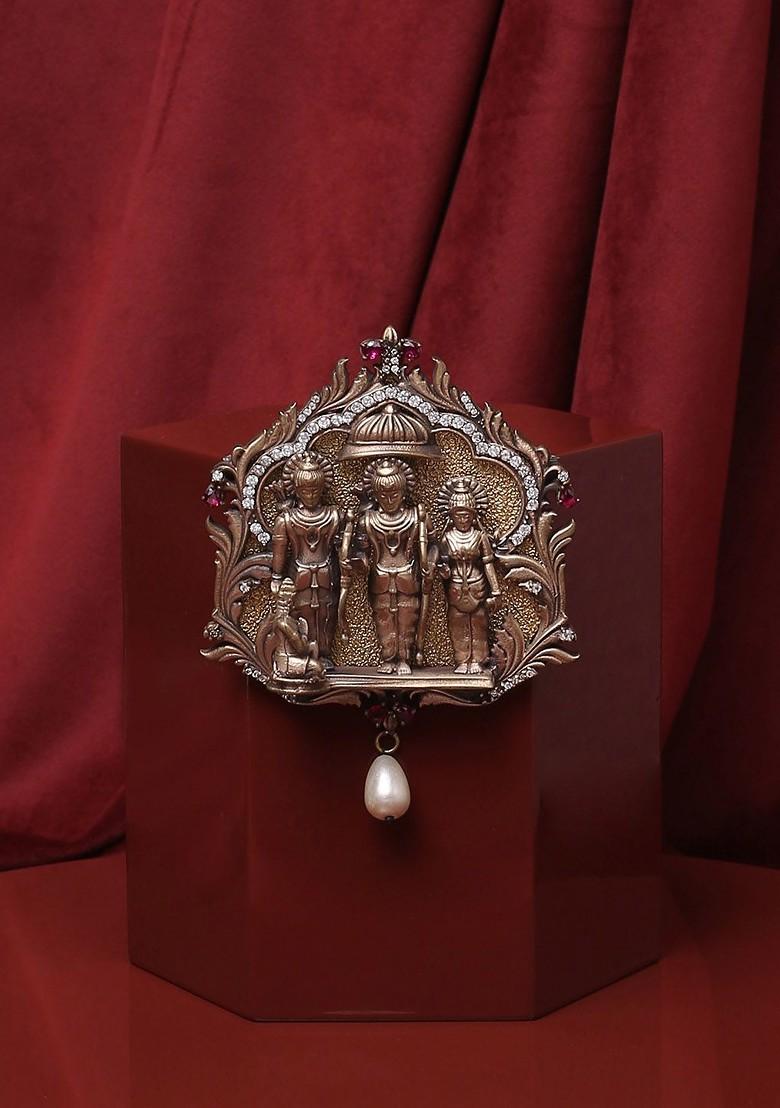 Men Antique Gold Toned White Stone Studded The Ram Darbar Statement Brooch