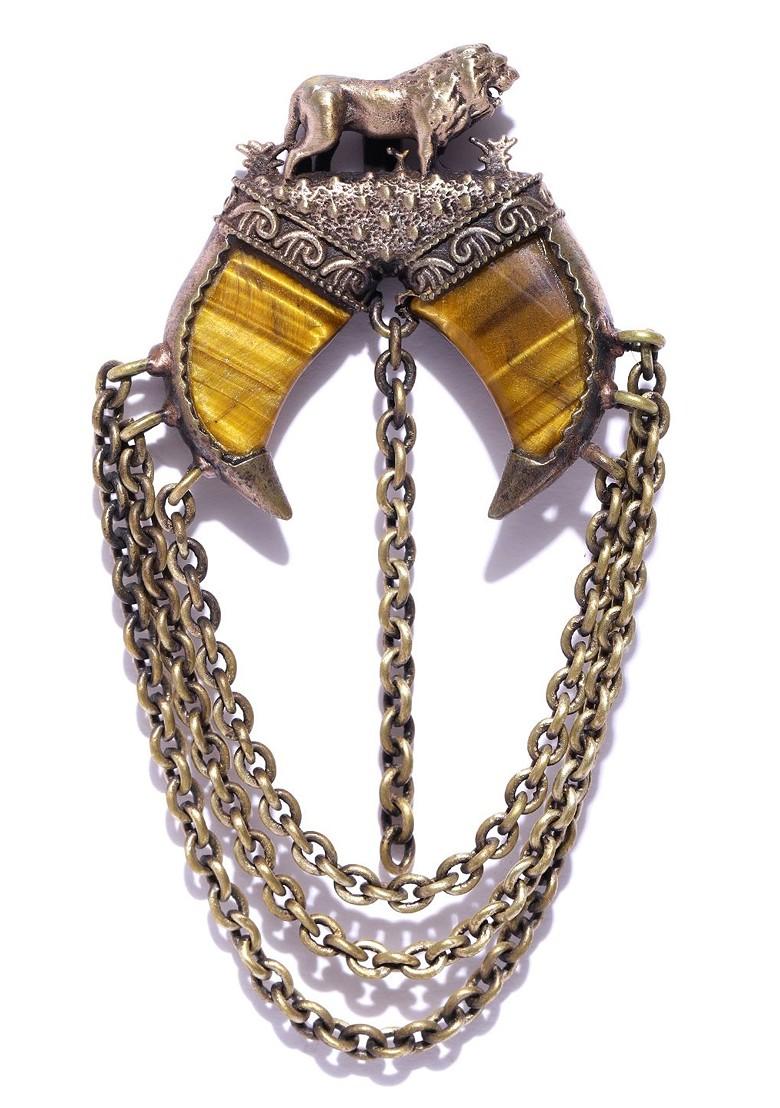 Men Antique Gold Toned Yellow The Dangled Lion Handcrafted Statement Brooch