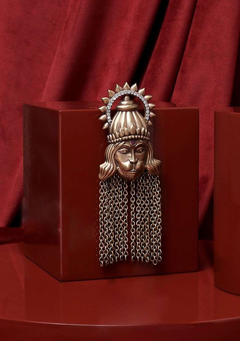Men Antique Gold Toned Stone Studded The Hanuman Shaped Brooch - Indya
