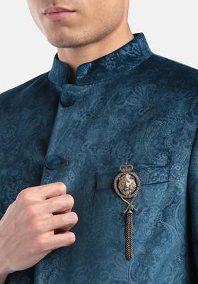 Men Antique Gold Toned Stone Studded The Crowned Lion Shaped Brooch