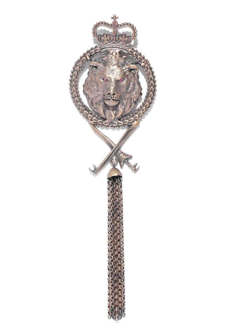Men Antique Gold Toned Stone Studded The Crowned Lion Shaped Brooch - Indya