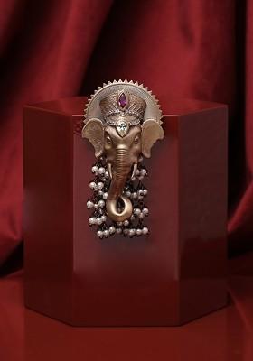 Men Antique Gold Toned Stone Studded Beaded Lord Ganesha Shaped Brooch