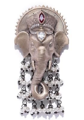 Men Antique Gold Toned Stone Studded Beaded Lord Ganesha Shaped Brooch